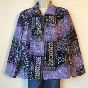 Vtg MollyMaxx Tapestry Jacket Long Sleeve XL Zipper Rayon Blend Purple Black